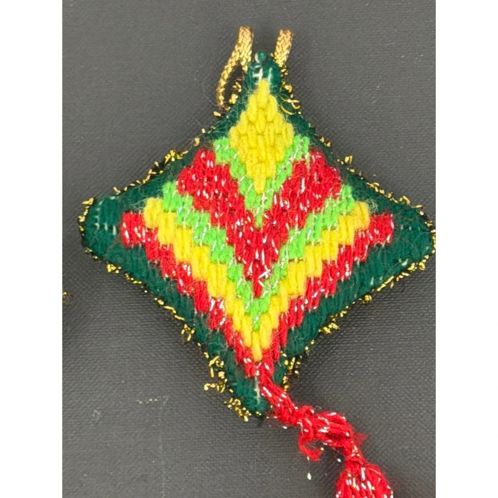 Vintage Handmade Needlepoint Christmas Ornaments Set 2 Red Green Yellow Tassels